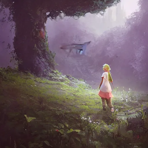 Prompt: a girl encountering a lost overgrown castle in another world. By Sylvain Sarrailh, Repin, and Ruan Jia