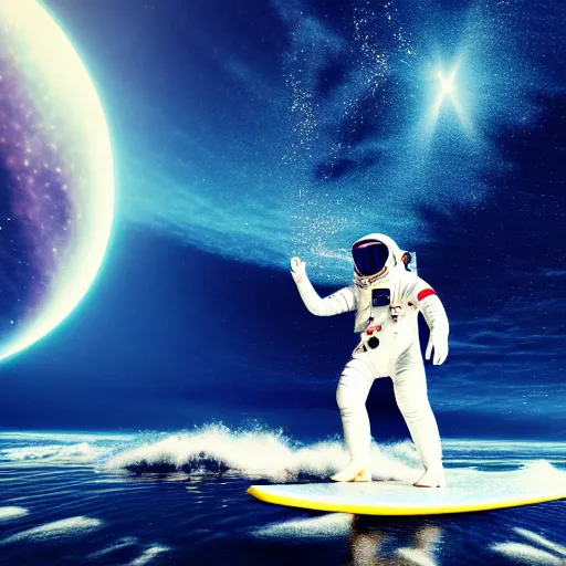 Image similar to astronaut surfing a surfboard on a sparkly crashing wave of stardust in space, background is a moon in nebula, octane render, unreal engine, wide view, 8 k, highdetaild