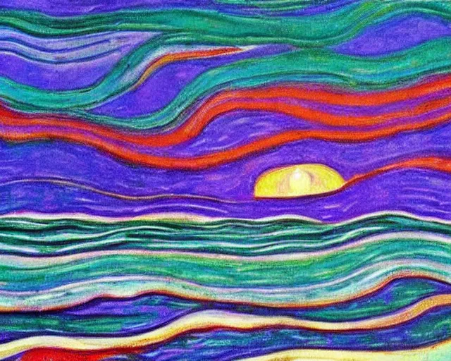 Prompt: Ocean waves in a psychedelic dream world. DMT. Landscape painting by Edvard Munch.