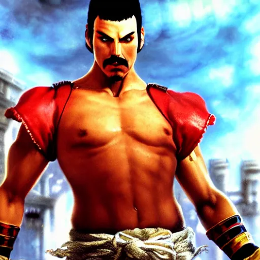 Image similar to freddy mercury as ryu street fighter, ultra realistic, concept art, intricate details, highly detailed, photorealistic, octane render, 8 k, unreal engine, art by frank frazetta, simon bisley, brom