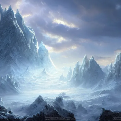 Prompt: A highly detailed fantasy concept art matte oil painting by Greg Rutkowski and Thomas Kinkade of a huge ancient ice dragon with lots of crystal blue scales, flying through the clouds over some tall snowy and icy mountains with lots of rocks in the early morning with the sun blocked by all the clouds, light blue and dark blue color scheme.