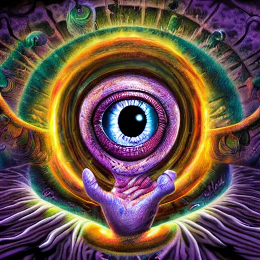 Image similar to dark fantasy, 4 k, textured 3 d, intense detail, psychedelic, amazing background, bas relief, eyeball in center of hideous monster, alex grey style