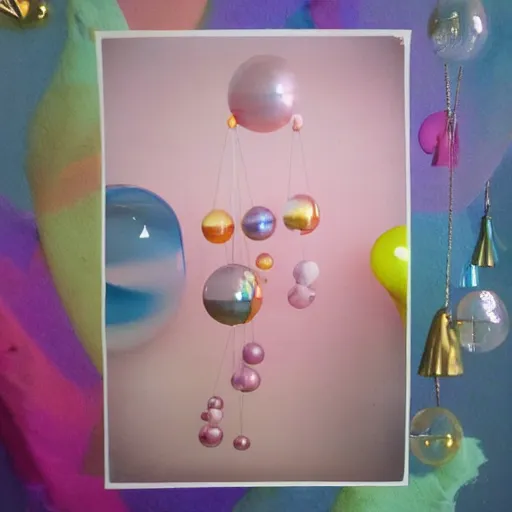 Image similar to a pastel colour high fidelity Polaroid art photo from a whimsical holiday album at a seaside with abstract inflatable parachute furniture ((and some spheres)), all objects made of transparent iridescent Perspex and metallic silver, no people, iridescence, nostalgic