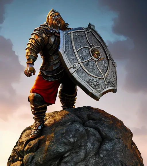 Prompt: cristiano ronaldo an epic fantasy comic book style portrait painting of a very big stone - statue of a dwarf holding a shield in front of him with both hands, studio ghibli, unreal 5, daz, hyperrealistic, octane render, cosplay, rpg portrait, dynamic lighting, intricate detail, harvest fall vibrancy, cinematic