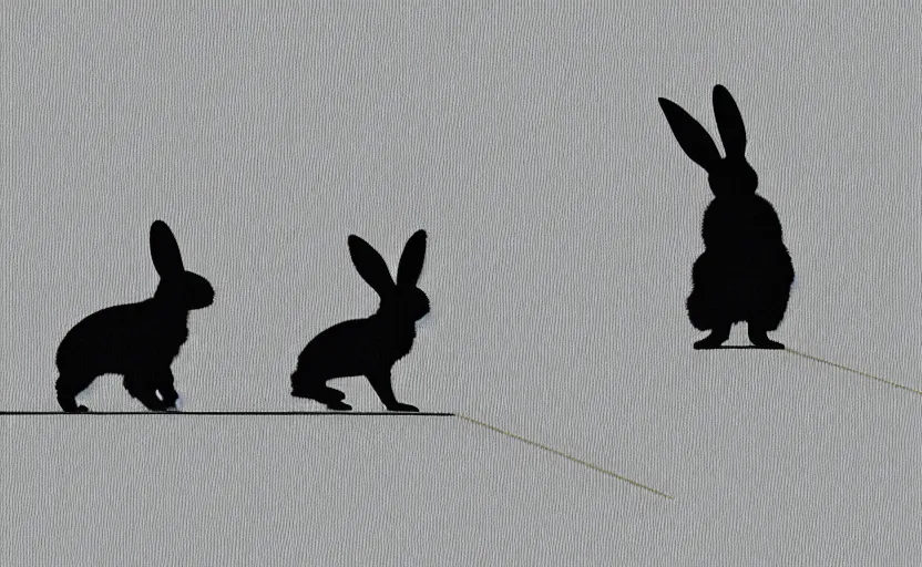 Prompt: a photo of a black bunny with white spots walking on a tightrope between the twin towers