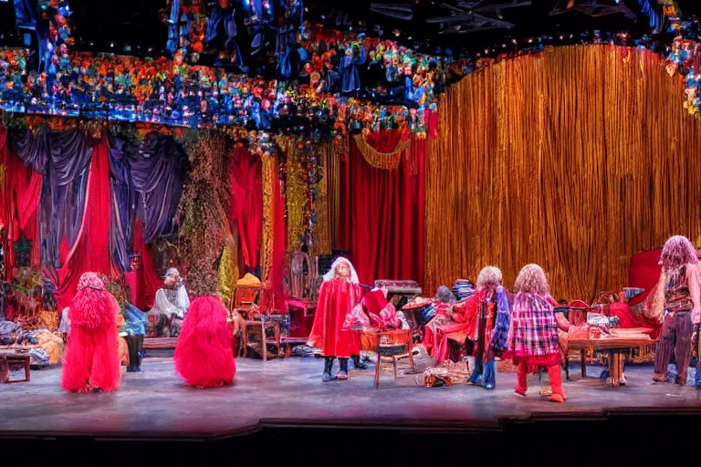 Image similar to photo of a huge theaterstage, stage is decorated as 7 0 ties kitchen and living room, theater curtains are red, 3 actors in hippy costumes with big wigs standing on stage singing, 8 k, multicolored, exaggerated detailed, long shot