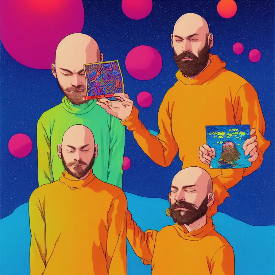 Prompt: a simple portrait of one single young bald bearded man holding a colorful blotter paper of lsd acid and dreaming psychedelic hallucinations in the vast icy landscape of antarctica, by soul bass, kawase hasui, moebius and edward hopper, colorful flat surreal design, xray hd, 8 k, artstation