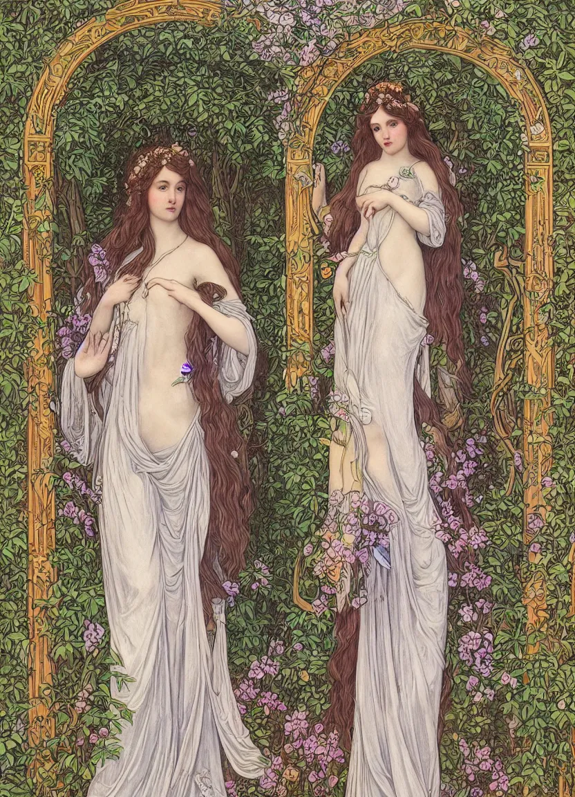 Prompt: Singlular stunning Art Nouveau goddess standing in an arched doorway with a garden behind her in the Spring by Elisabeth Sonrel, intricate, beautiful, artstation 8k, high resolution