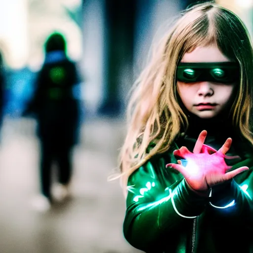 Image similar to a full body photo of a girl dressed in cyberpunk gear with her hands holding a smaller girl in her palm, 5 0 mm lens, f 1. 4, sharp focus, ethereal, emotionally evoking, head in focus, volumetric lighting, blur dreamy outdoor,