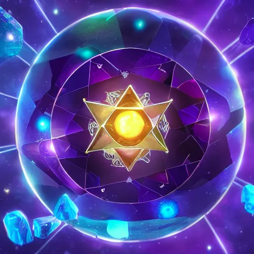 Image similar to purple powerful magic mana symbol, crystal atom solarsystem structure, epic legends game icon, stylized digital illustration, radiating, a glowing aura, global illumination, ray tracing, hdr, unreal engine, octane render, trending on arstation, by ian pesty and katarzyna bek - chmiel