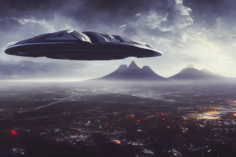 Prompt: a huge spaceship emerging from the clouds over Table Mountain, cinematic, dramatic lighting, 4k, ultra detailed, trending on artstation, by sparth