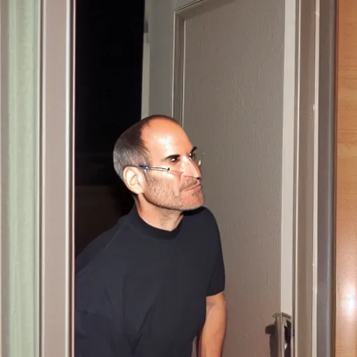 Prompt: steve jobs knocking at the front door for someone to let him in the house, while it's thunderstorm, at night