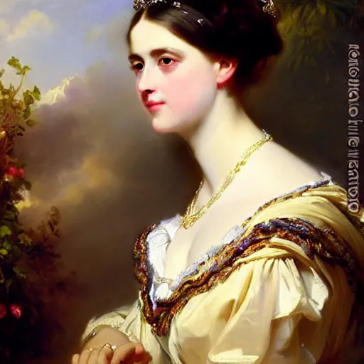 Image similar to beautiful painting of a queen by franz xaver winterhalter, highly detailed, vivid, romanticism, 1 8 6 0 s style art, high quality, elegant, fancy