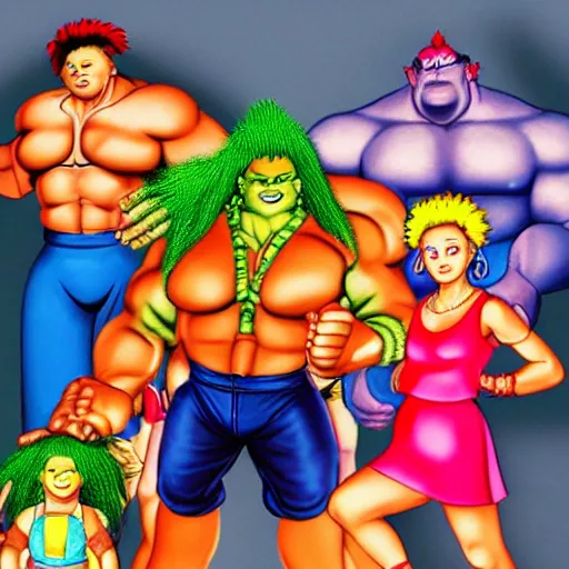 Prompt: Family photo of mom, dad, son, daughter, and aunt Blanka from Street Fighter-n 6