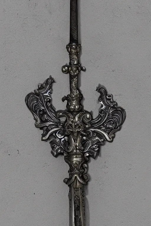 Prompt: sword of justice hanging on a wall, ornate gem in pommel, engraved blade, above a table