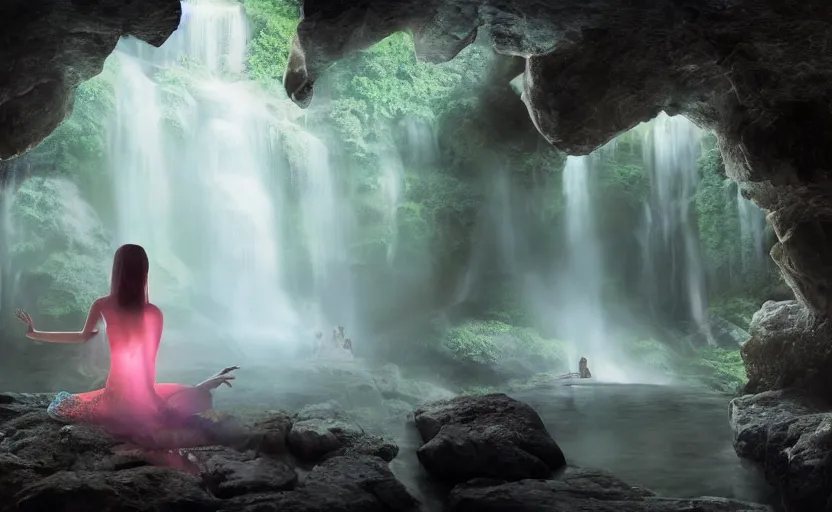 Image similar to a beautiful and stunning professional digital artwork of women worshipping god in cave, haze, spores floating in the air, waterfall, volumetric lighting, hyperrealistic, rtx on, ultra detail