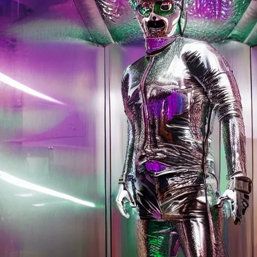 Prompt: conde nast traveler photo, inside a futuristic detailed alien jungle made out of shiny reflective chrome, futuristic android with limbs made out of stretchy rubber tubing mixed with shiny colorful giant intricate detailed chrome gauntlets and chest piece and luchador mask, wearing a long purple velvet cape, fog and mist