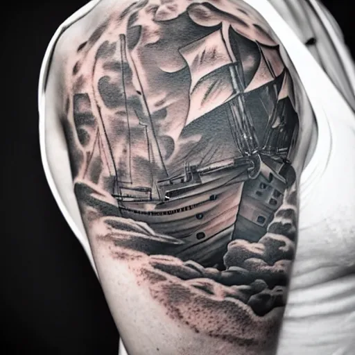 Prompt: person with a very detailed wreck ship tattoo on shoulder, studio photography