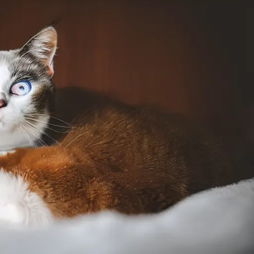 Prompt: snowshoe cat sleeping on a human's lap, wide angle shot, high resolution, cinematic lighting, glitter falling from the top of the photograph,