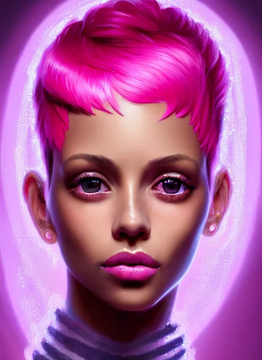 Image similar to portrait of vanessa morgan with bright pink hair, curly pixie cut hair, wearing a purple breton cap, breton cap, hoop earrings, intricate, elegant, glowing lights, highly detailed, digital painting, artstation, concept art, smooth, sharp focus, illustration, art by wlop, mars ravelo and greg rutkowski