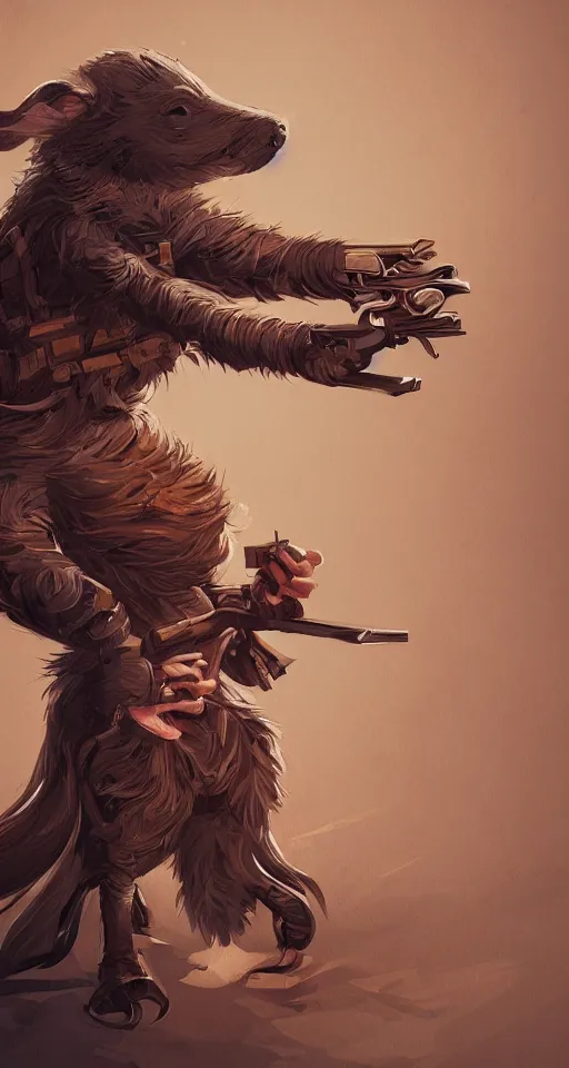 Prompt: illustration of a rat holding a wooden shotgun wearing a coat, dramatic standing, intricate, elegant, highly detailed, centered, digital painting, artstation, concept art, smooth, sharp focus, league of legends concept art, wlop