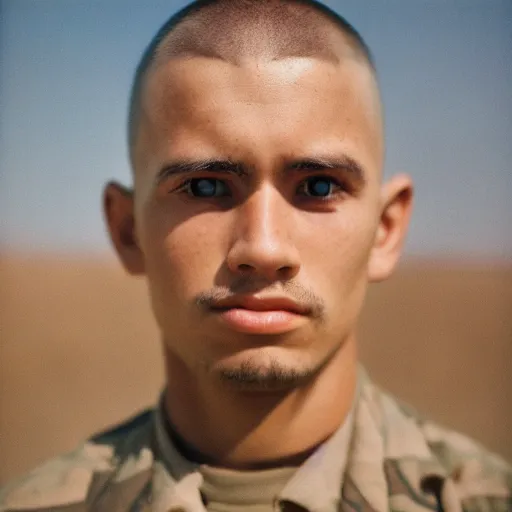 Prompt: Detailed portrait of a jarhead. CineStill.