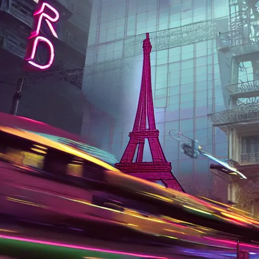 Prompt: A beautiful intricate 8K award-winning ground-level cinematic movie photograph of the future fallen and decaying Eiffel Tower, surrounded by neon and collapsing corporate video billboard displays. in the year 2050, by Bruno Delbonnel and greg rutkowski. octane render, Arri Alexa 65. Cinematic lighting