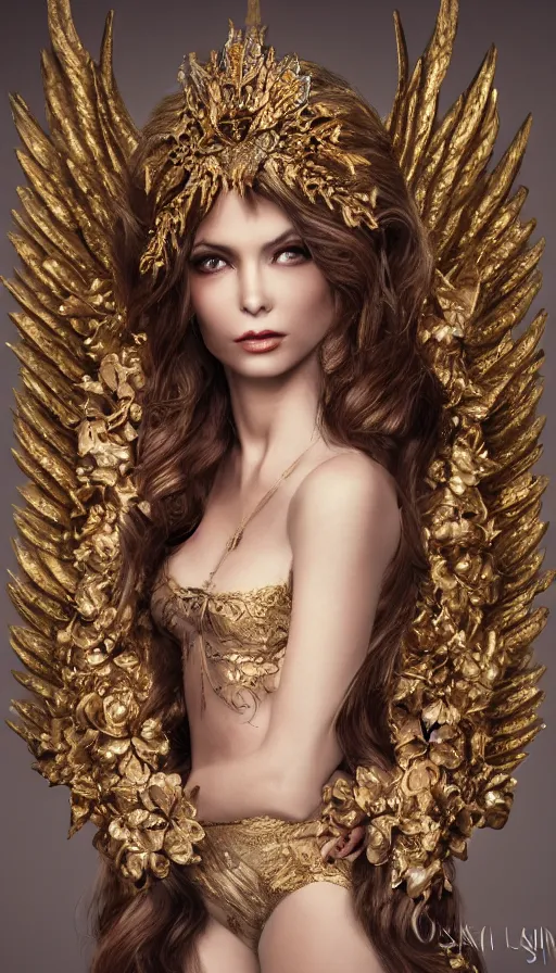 Image similar to expressive full body photo of sophia lauren as beautiful angel, smooth glowing skin, ornate headpiece made from flowers, ornaments, glamour shot, by karol bak, by stefan gesell, octane render, unreal engine, photorealistic, canon r 3, fashion photography, studio shot