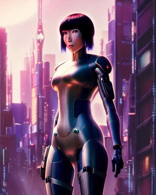 Image similar to weta disney pixar movie still portrait photo of motoko kusanagi ghost in the shell : : as cyborg woman by pixar : : by weta, wlop, ilya kuvshinov, rossdraws, artgerm, marvel, maxim cover, latex, octane render, sweaty, iridescent, bright morning, anime, liosh, mucha : :