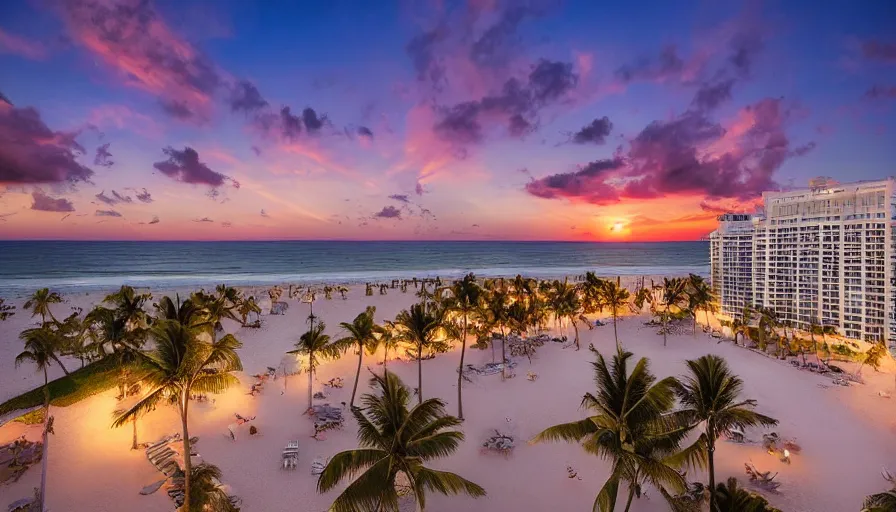 Image similar to miami hotels by leonardo da vinci, unreal engine, digital art, drone photography, sunset, sharp focus, beach, vivid color, clear sky