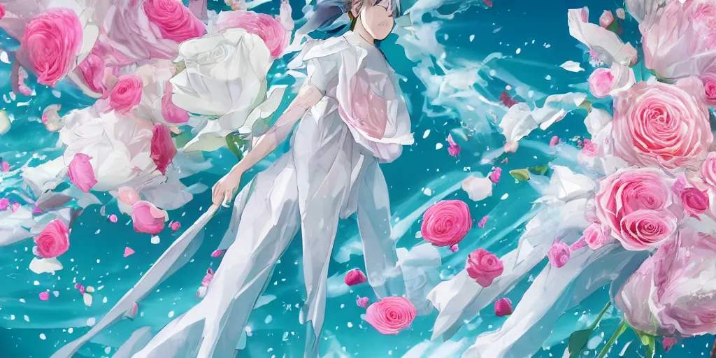 Prompt: slow motion magic invisible force blade slicing through a bouquet of white and pink roses, flowers exploding and splattering, big puffy clouds, exploding roses, large rose petals, lotus petals, large polygonal background elements, large polygons, studio ghibli anime, radiant lighting, artgerm, manga, trending on artstation, art nouveau, mature colors