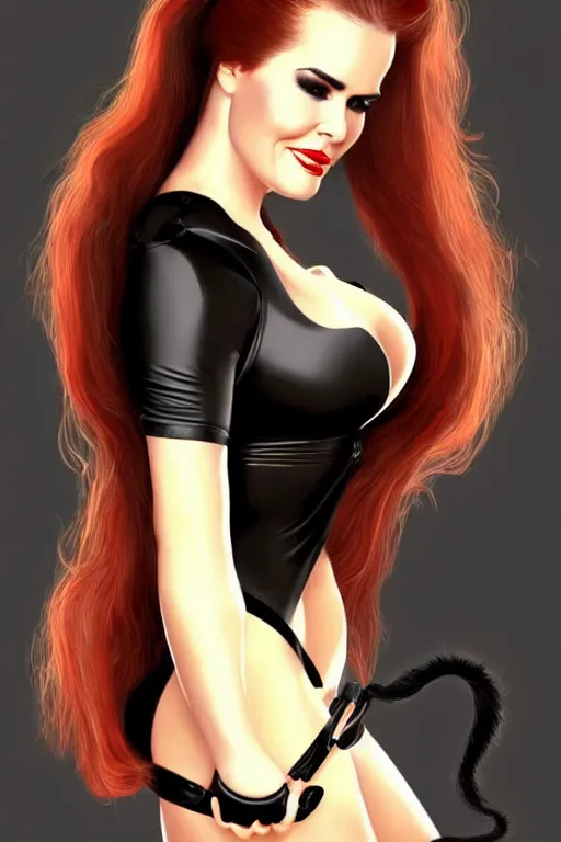 Image similar to mix of beautiful young maria shriver, mariel hemmingway, brooke shields, nicole kidman and elle macpherson as a dominatrix, thin lips, hair tied up in a pony tail, dark blonde hair, colorful, deviantart, artstation, cgsociety