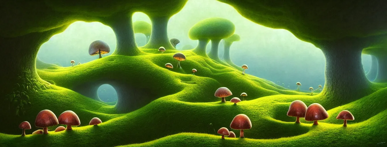 Image similar to gediminas pranckevicius beautiful and stunning professional digital artwork of a glowing mushroom cave, haze, spores floating in the air, vines, water, volumetric lighting, hyperrealistic, rtx on, ultra detail, barlowe wayne, maxfield parrish and marco mazzoni, miniature | no signature!