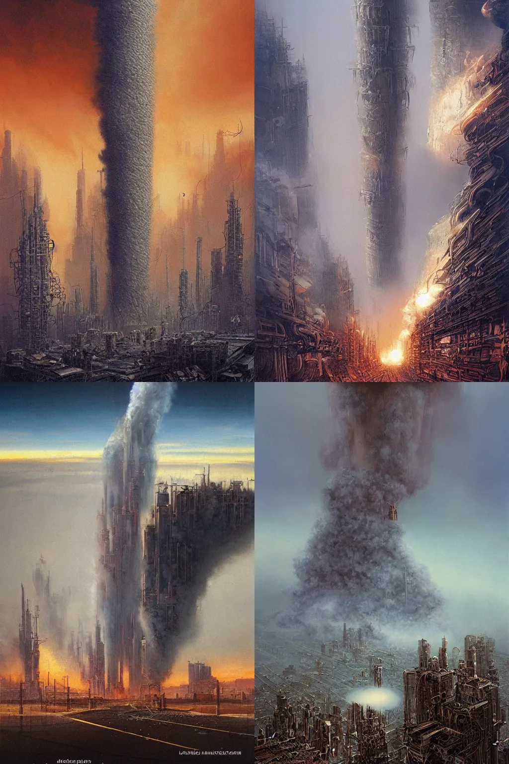 Prompt: a world with no future, a giant column of smoke billows around a massive vertical city on the horizon, the ground is densely covered with pipes leading toward the explosion, concept art, gritty world, fantasy, sci-fi, bookcover by michael whelan