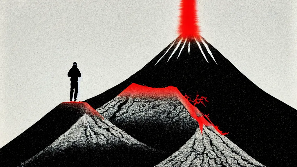 Prompt: climber at the base of mount fuji, japan, a collage painting, in the style of wes anderson, lola dupre, david hockney, isolated on negative white space background dark monochrome neon spraypaint accents volumetric octane render