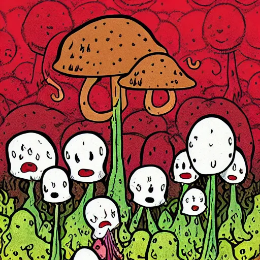 Prompt: a grinning mushroom family by tim doyle and anna dittmann, macabre | demonic