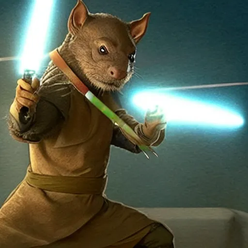 Prompt: a film still of master splinter during his training to become a jedi realistic, detailed