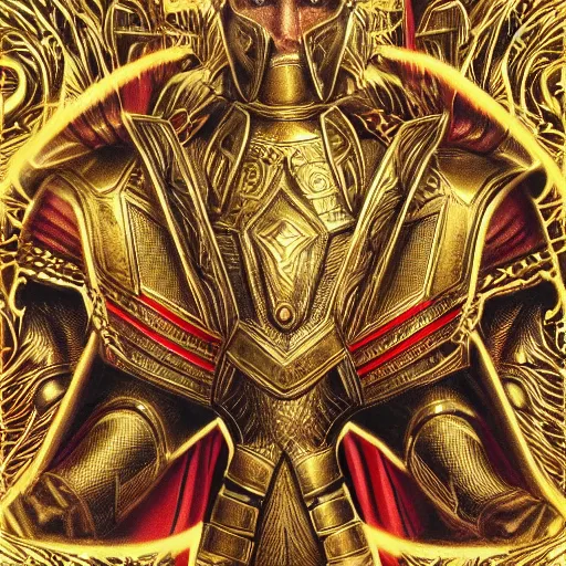 Image similar to Thor in Gold and Red Ornate Armor with Gold Wings, Lightening around the hands and eyes, levitating above the ground, highly detailed, intricate armor, symmetry