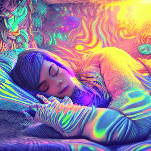 Image similar to photorealistic sleeping in a trippy psychedelic world. hyperdetailed photorealism, 1 0 8 megapixels, amazing depth, high resolution, 3 d shading, 3 d finalrender, 3 d cinematic lighting, glowing rich colors, psychedelic overtones, artstation concept art.