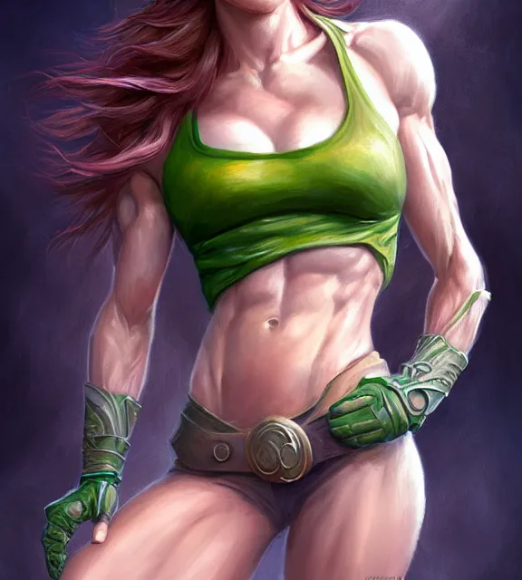 Prompt: muscular female elf, perfect face, tiara, pale green halter top, auburn hair, abs, cinematic, blush, stunning, athletic, strong, agile, highly detailed, psychedelic, digital painting, artstation, smooth, hard focus, illustration, art by jessica rossier and and brian froud