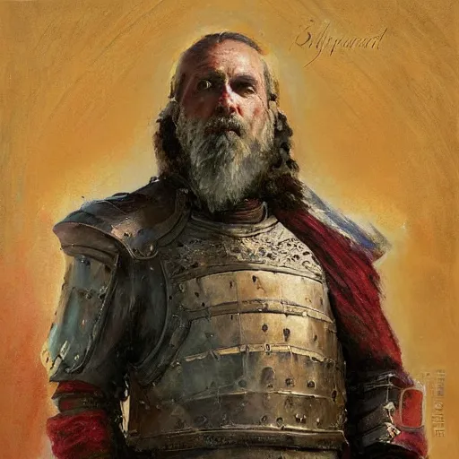 Image similar to Solomon Joseph Solomon and Richard Schmid and Jeremy Lipking victorian genre painting portrait painting of a old rugged movie actor medieval knight character in fantasy costume, red background