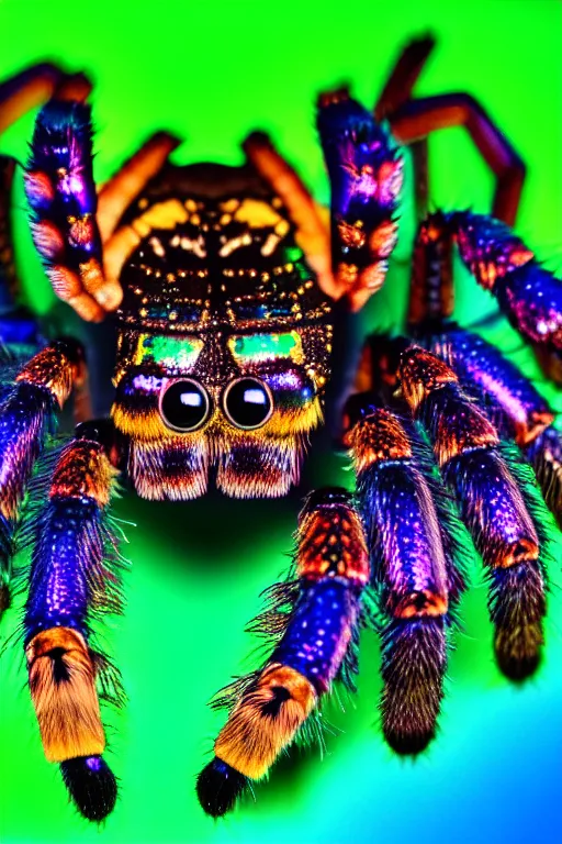 Prompt: high quality macro photo rococo iridescent tarantula! jewelled very cute! highly detailed david ligare elson peter cinematic blue neon lighting high quality low angle hd 8k sharp shallow depth of field