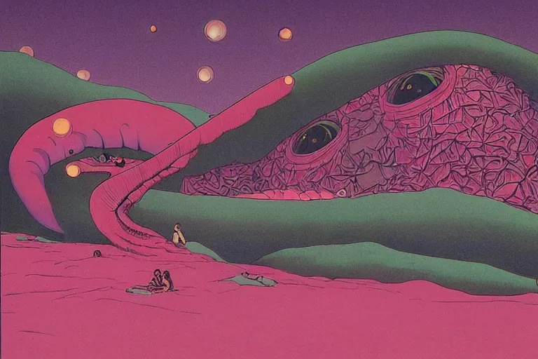Prompt: gigantic faces that shoot pink lasers from the eyes, a lot of glass around, shrimps are all over the ground, acid and dreaming psychedelic hallucinations, by kawase hasui and edward hopper and moebius, colorful flat surreal design, super - detailed, a lot of tiny details, fullshot