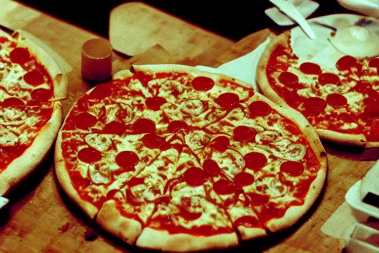 Image similar to pizza aspic in cyberspace, in 1 9 8 5, food photography, y 2 k cybercore, industrial low - light photography, still from a ridley scott movie