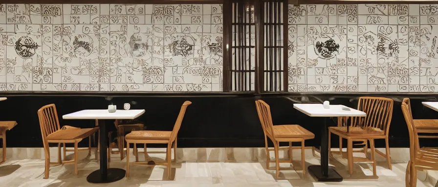 Image similar to a beautiful simple interior 4 k hd wallpaper illustration of small roasted string hotpot restaurant restaurant pagoda hill, wall corner, from china, wallpaper with pagoda and mountain and white tile floor, rectangle white porcelain table, black chair, fine simple delicate structure, chinese style, simple style structure decoration design, victo ngai, 4 k hd