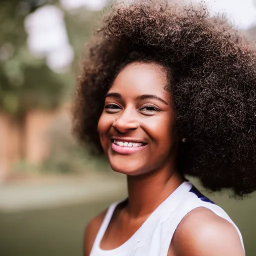 Prompt: stylish portrait of a young woman with an afro wearing a tennis visor, smiling, outside, sigma 8 5 mm f / 1. 4, realistic photo