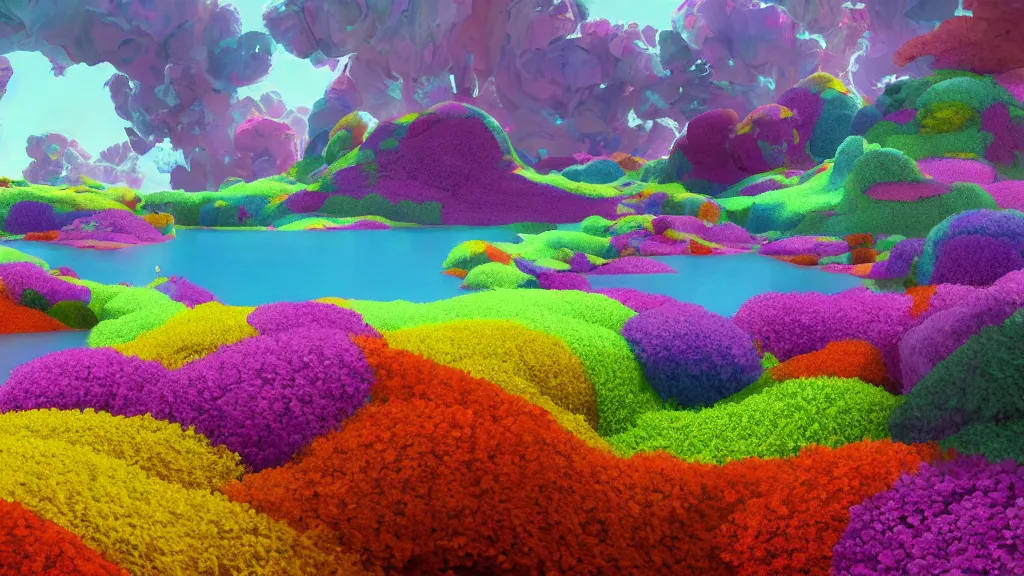 Prompt: digital illustration of a lake full of multi - colored megaflora petunia flowers by dr. seuss, reimagined by ilm and beeple : 1 | spectral color, electric color, rolling hills : 0. 9 | fantasy : 0. 9 | unreal engine, deviantart, artstation, hd, 8 k resolution : 0. 8