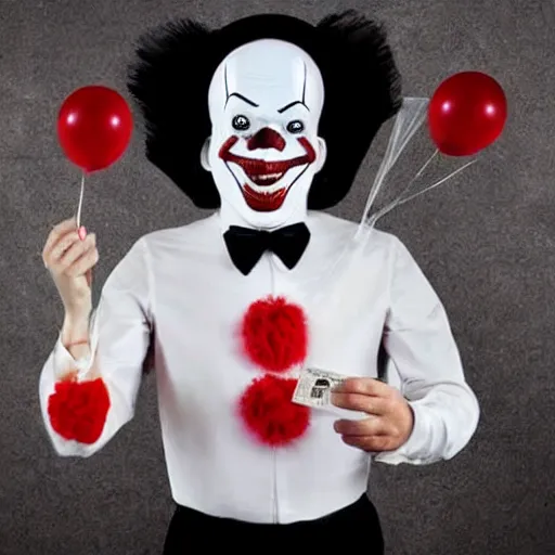 Image similar to Pennywise the clown wearing a suit and holding a banknote in his hands, full body shot