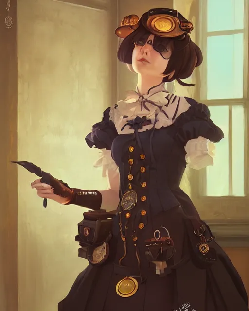 Prompt: a portrait of a steampunk maid, steampunk setting, vivid colors, soft lighting, atmospheric, cinematic, moody, in the style of Ilya Kuvshinov and Range Murata, Krenz Cushart, oil on canvas, 8K