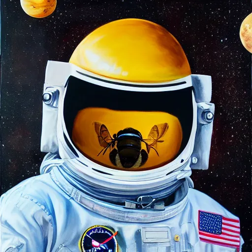 Prompt: oil painting of a big bee face in a astronaut suit with helmet, 35mm, photo, Epic, cinematic, highly detailed and intricate